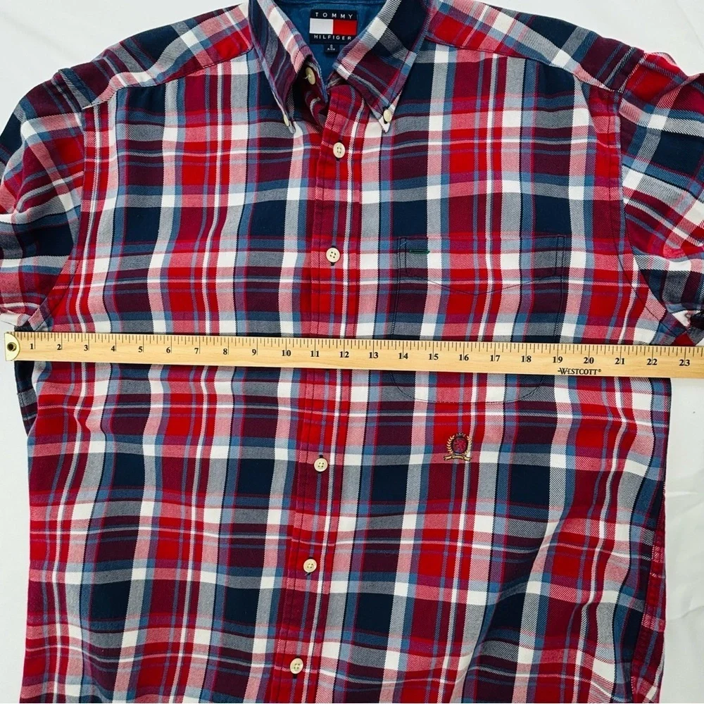 Tommy Hilfiger Navy, Red & White Flannel Checkered Button Down Shirt Size small - Picture 9 of 17